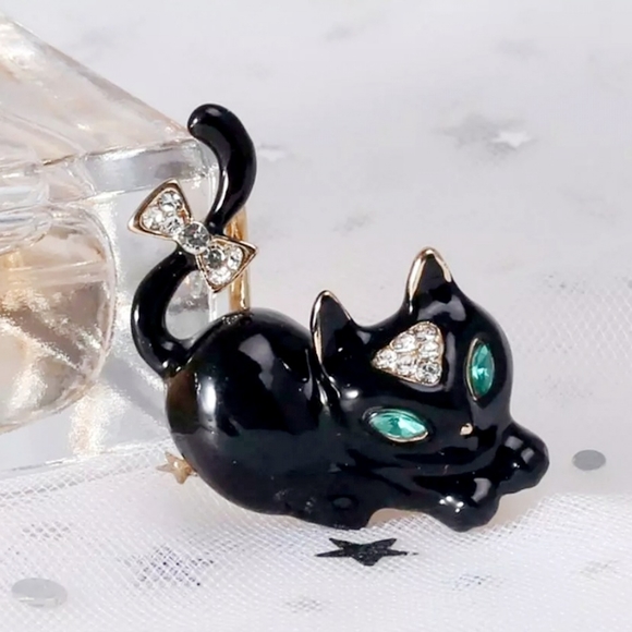 2 new gold plated black-and-white green crystal cat bow necklace/brooches - Picture 16 of 16